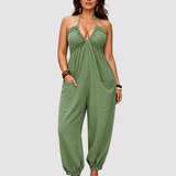 Halter Backless Ruched Pocket Jogger Jumpsuit