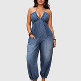 Halter  Backless Pocket Jogger Denim Jumpsuit