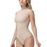 Lace Mock Neck Sleeveless Crisscross Open Back Seamless Shaping Bodysuit
