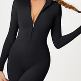 Zip Up Long Sleeve Fleece Skinny Jumpsuit Winter Thermal One-piece Fitness Bodysuit