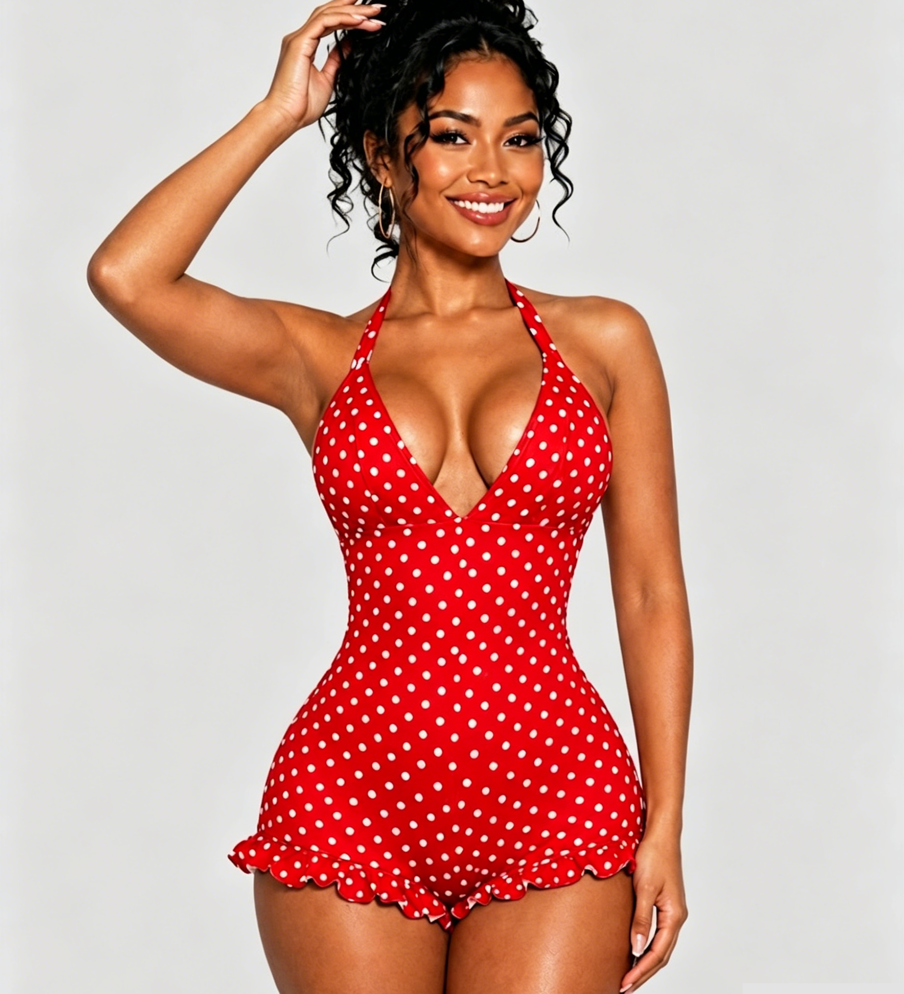 Polka Dot Halter Neck Ruffle Hem Romper Swimsuit
