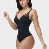Mesh V Neck Thong Bodysuit Adjustable Straps Lace Up Back Tummy Control Shapewear
