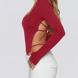 Square Neck Long Sleeve Backless Thong Slim Fit Bodysuit