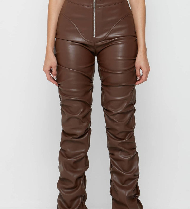 PU Leather Personalized Pleated Flared Pants