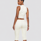 Two Piece Denim Set Zip Front Lace Up Sleeveless Top Capri Pants