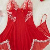 Lace Bowknot Sleeping Dress Thong Set Spaghetti Strap V Neck Lingerie