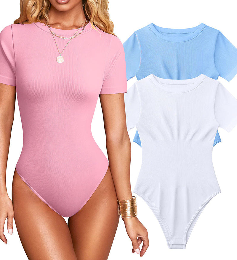 Women Sexy Ribbed Round Neck Short Sleeve Tummy Control Thong Bodysuit