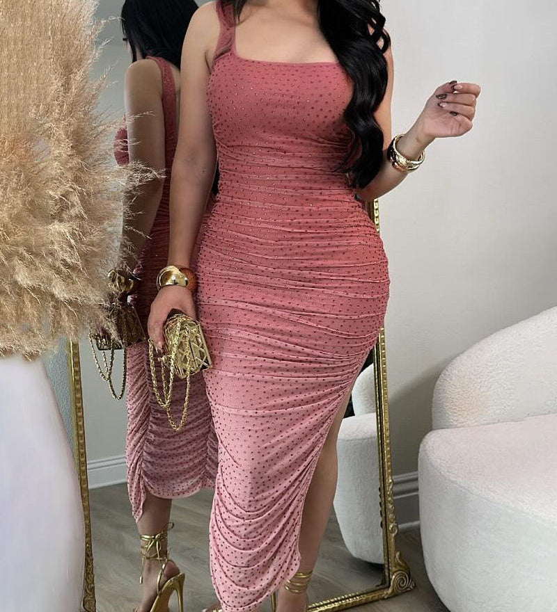 Square Neck Sequin Ruched Asymmetrical Hem Bodycon Dress