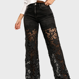 High Waist Floral Lace Hollow Out Spliced Flare Jeans