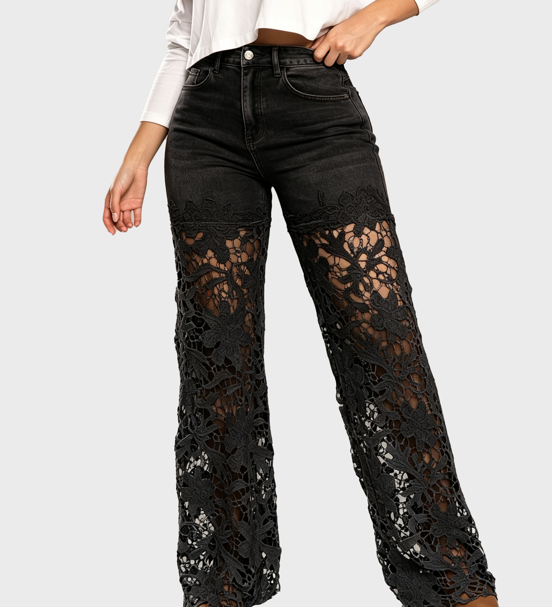 High Waist Floral Lace Hollow Out Spliced Flare Jeans