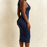 Polka Dot Corset Halter Midi Dress with Lace-Up Back