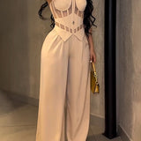Strapless Mesh Cutout Corset Wide-Leg Jumpsuit