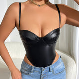 Sexy High Cut Pu Leather Solid Underwire Thong Cami Bodysuit
