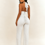 Polk Dot Halter-Neck Backless Detachable Corset Wide-leg Jumpsuit Two-Piece Set