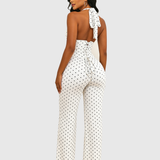 Polk Dot Halter-Neck Backless Detachable Corset Wide-leg Jumpsuit Two-Piece Set