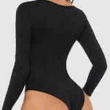 Women's Seamless Square Neck Long Sleeve Bodysuits Sculpting Thong Bottoming Shirt Body Shaper