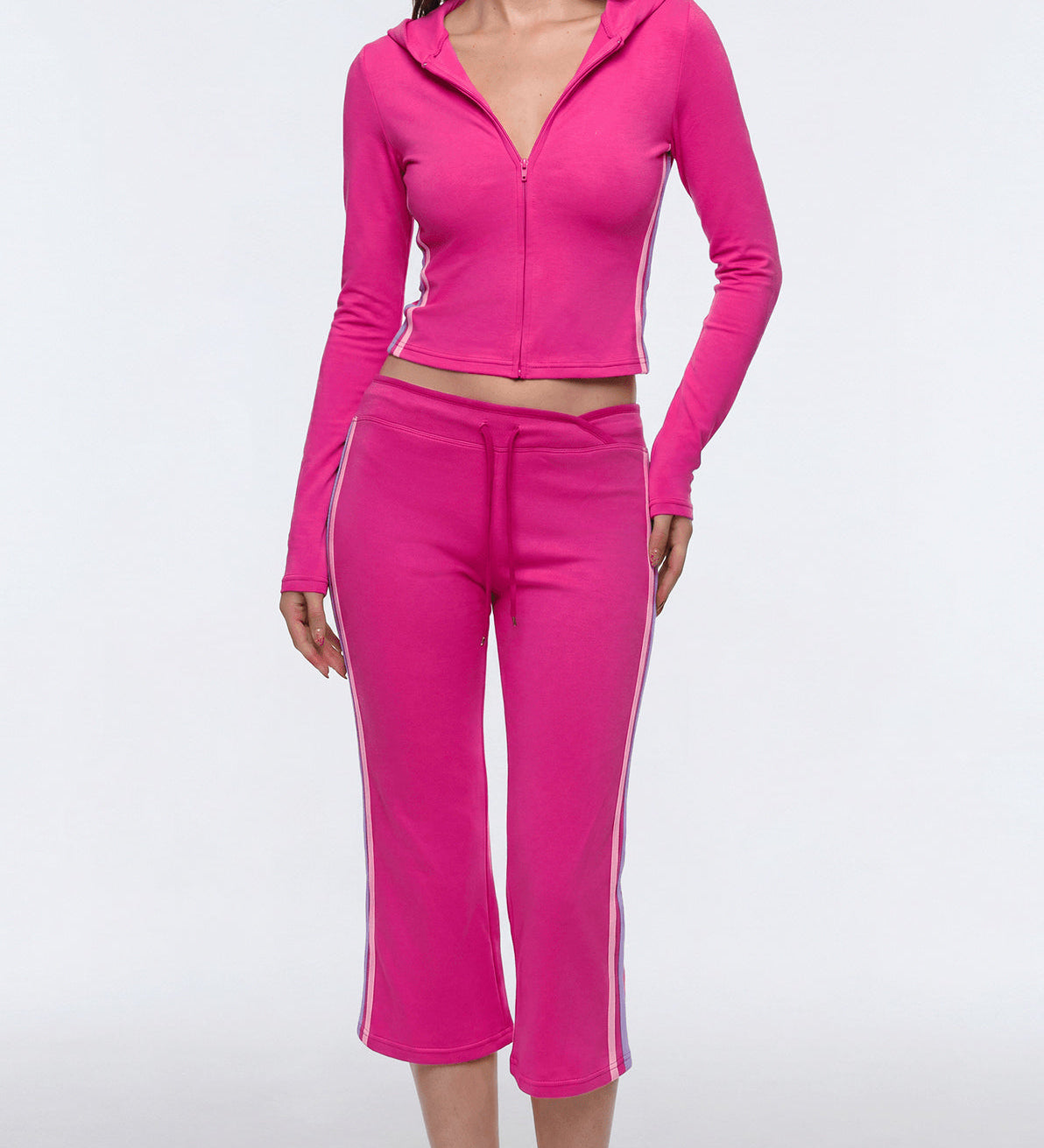 Two Piece Activewear Set Stripe Zip Up Hooded Crop Top with Capri Flare Pants