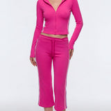 Two Piece Activewear Set Stripe Zip Up Hooded Crop Top with Capri Flare Pants