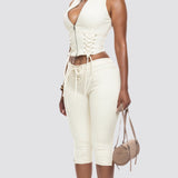 Two Piece Denim Set Zip Front Lace Up Sleeveless Top Capri Pants