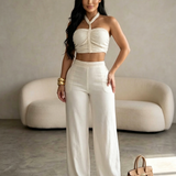2 Piece Braided Trim Two Piece Outfit with Flared Trousers