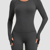 Round Neck Long Sleeve Open Back Tight Fit Workout Romper