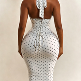 Polka Dot Corset Halter Midi Dress with Lace-Up Back