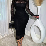 Black Sheer Lace High Neck Long Sleeve Midi Bodycon Dress