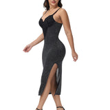 Sorelyne® Sexy Lace V Neck Metallic Sparkling Bodycon Slit Cami Midi Slip Dress