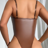 Sexy High Cut Pu Leather Solid Underwire Thong Cami Bodysuit
