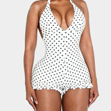 Polka Dot Halter Neck Ruffle Hem Romper Swimsuit