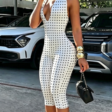 Hourglass Halter V Neck Backless Butt Lifting Capri Jumpsuit In Polk Dot