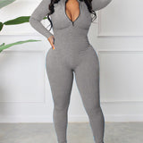Women's Sexy Ribbed Long Sleeve Zipper Jumpsuits Casual Solid Bodycon Rompers