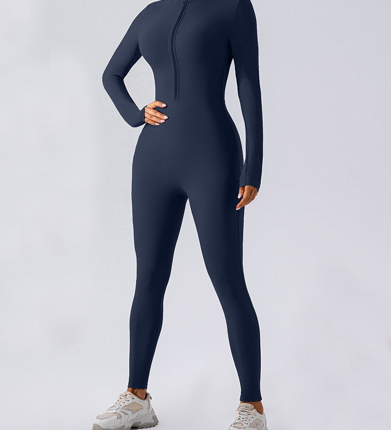 Zip Up Long Sleeve Fleece Skinny Jumpsuit Winter Thermal One-piece Fitness Bodysuit