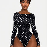 Hourglass Long Sleeve Polka Dot Thong Bodysuit with Waist Trainer 2 Piece Set