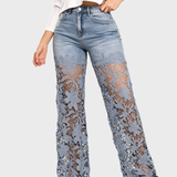 High Waist Floral Lace Hollow Out Spliced Flare Jeans