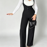 High Waist Button Detail Suspender Flare Jumpsuit