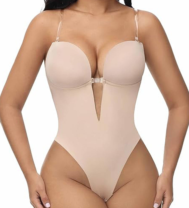 Plunge Backless Bodysuit Seamless Built In Bra Thong Shapewear