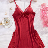 Sexy Lace Trim Slit Lingerie Sleeping Dress Body Shaping Bow Cami Midi Nightgown