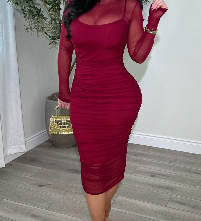 Women's Ruched Mesh Sheer Mock Neck Long Sleeve Midi Bodycon Dress