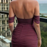 Off Shoulder Ruched Tummy Tuck Bodycon Midi Dress with Fishbone