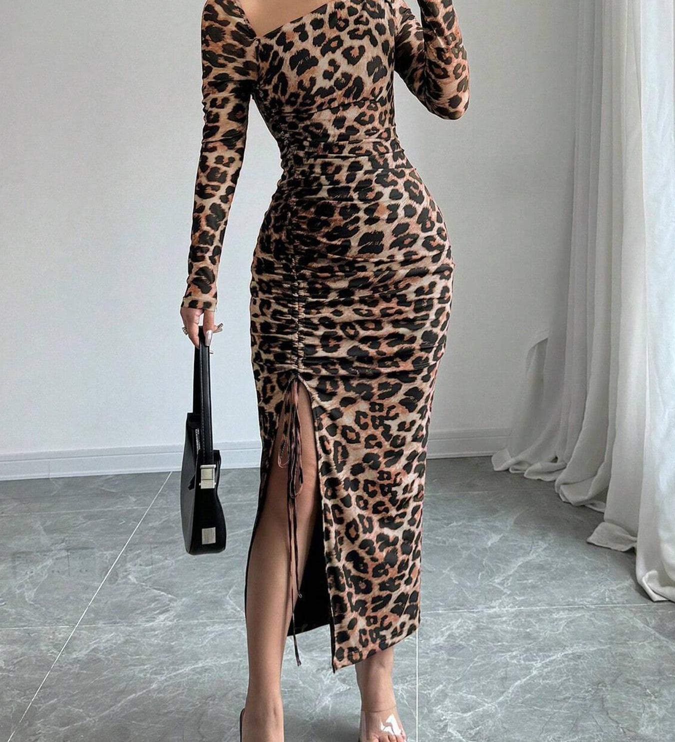 Long Sleeve Leopard Print Maxi Dress Side Ruched Slit Bodycon Dress