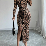Long Sleeve Leopard Print Maxi Dress Side Ruched Slit Bodycon Dress