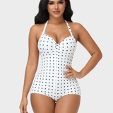 Polka Dot Halter Lace Up Back Zipper Bodysuit