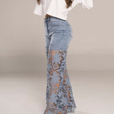 High Waist Floral Lace Hollow Out Spliced Flare Jeans