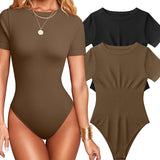 Women Sexy Ribbed Round Neck Short Sleeve Tummy Control Thong Bodysuit