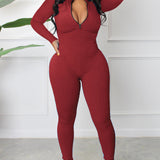 Women's Sexy Ribbed Long Sleeve Zipper Jumpsuits Casual Solid Bodycon Rompers