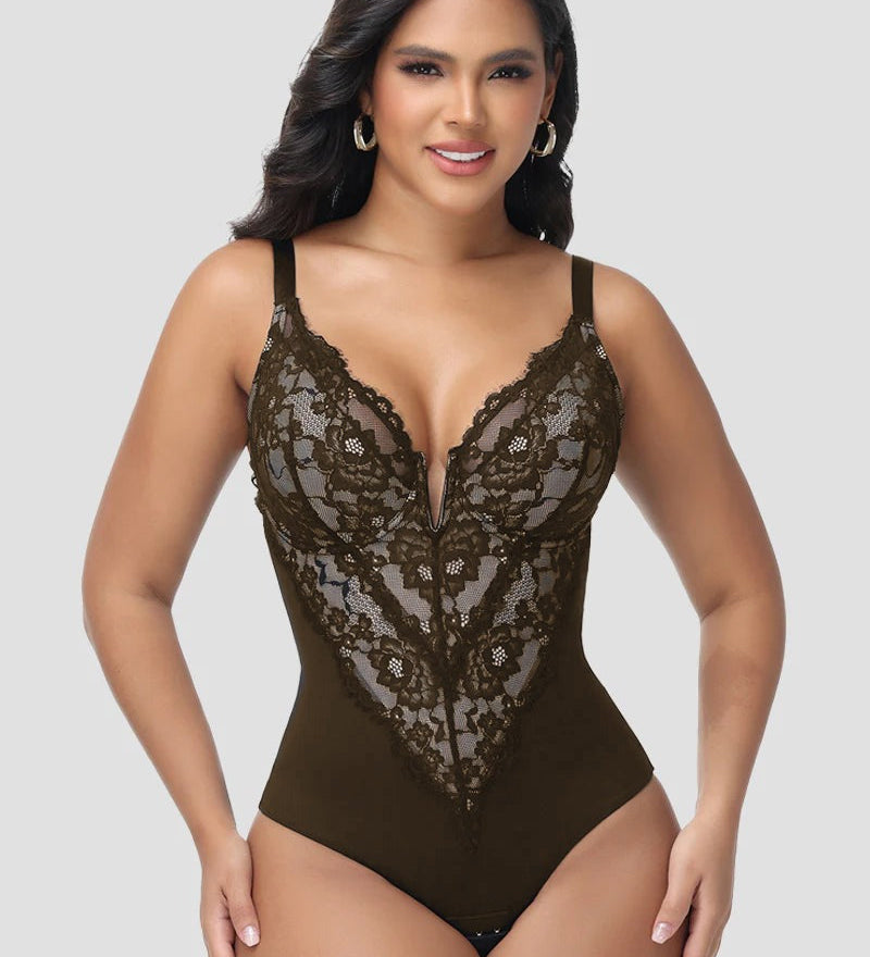 Sorelyne® Sexy Plunge Lace Shapewear Bodysuit With Hook Crotch