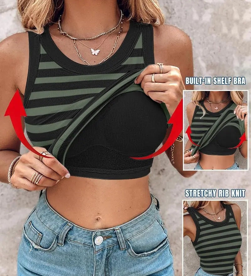 Round Neck Ribbed Tank Top Built In with Bra Padded