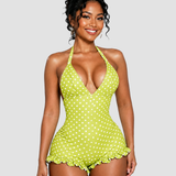 Polka Dot Halter Neck Ruffle Hem Romper Swimsuit