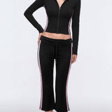 Two Piece Activewear Set Stripe Zip Up Hooded Crop Top with Capri Flare Pants